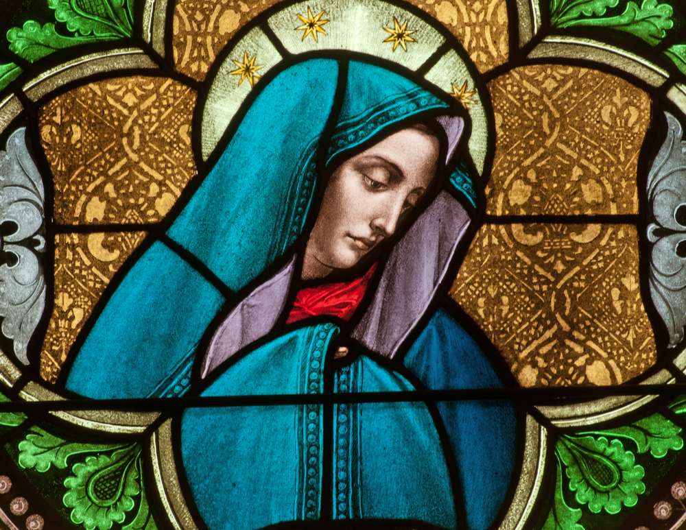 Stained glass window depicting the Blessed Virgin Mary as the Sorrowful Mother, or Dolorous Mother