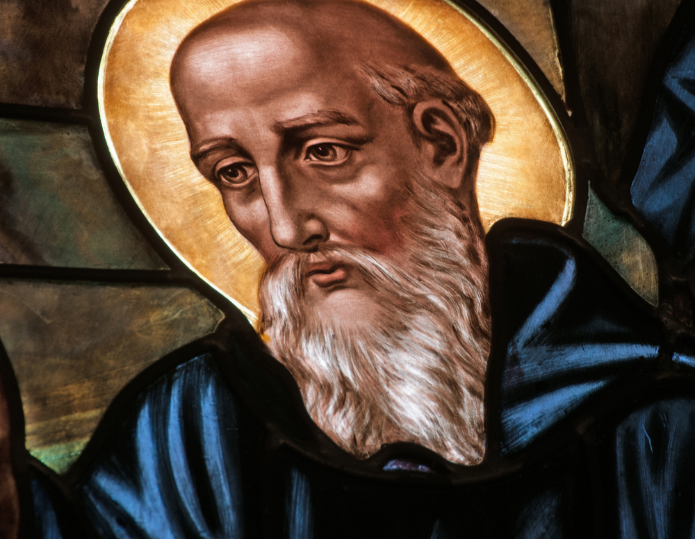 Stained glass window depicting St. Benedict of Nursia, author of the Rule of Benedict and patron saint of Europe